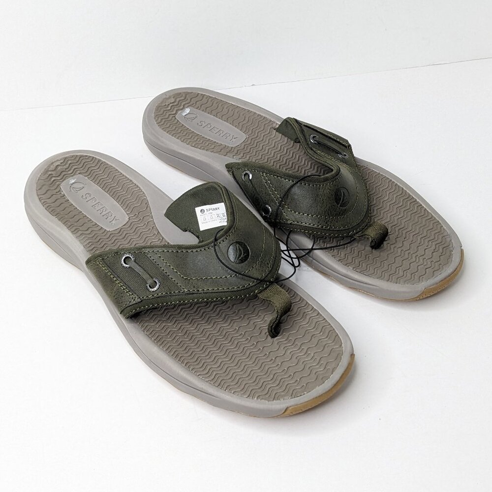 Sperry Outerbanks Thong Sandals, Olive Green Leather, Men's 12 M